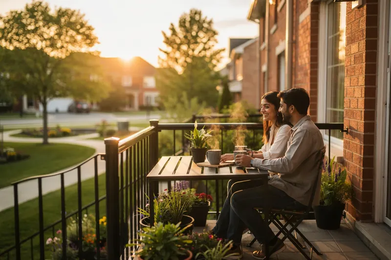 Couple enjoying morning coffee on a townhome balcony overlooking a park