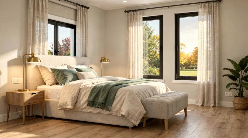 Primary bedroom with large windows