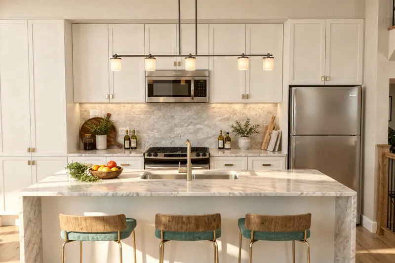 Bright kitchen with quartz island