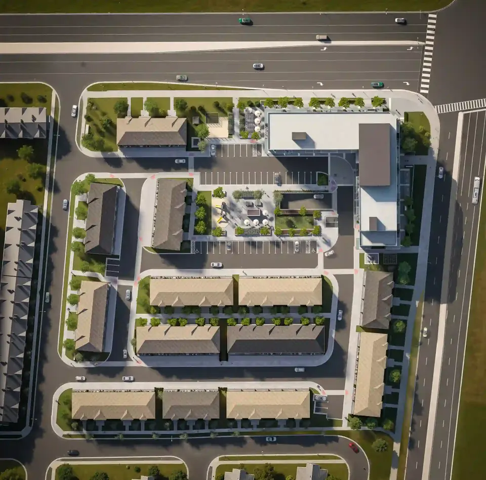 Top-down site plan rendering of Elements